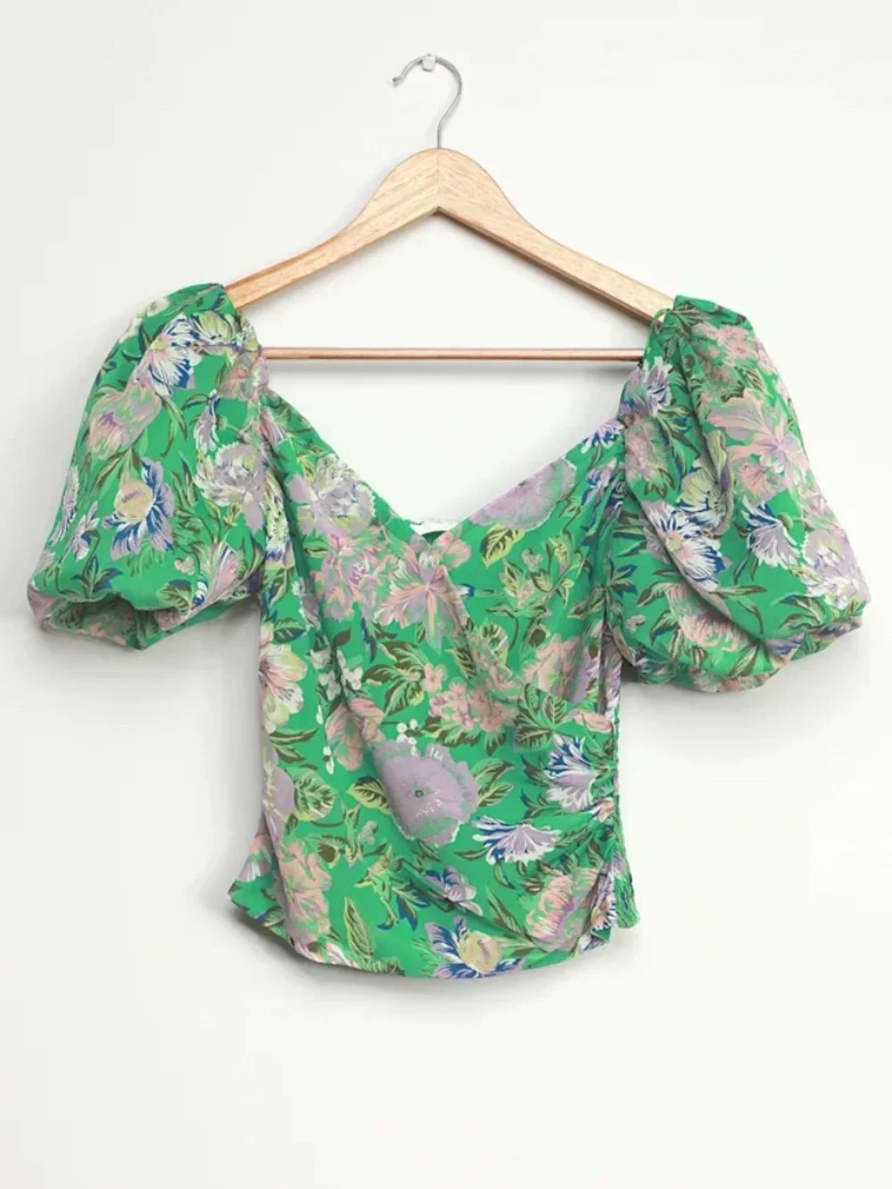 Astr Green‎ Floral Puff-Sleeve Wrap Blouse Size Small